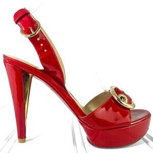 STUART WEITZMAN RED PATENT LEATHER HEEL GOLD SLINGBACK OPEN  TOE GLOSSY SHOE 7.5